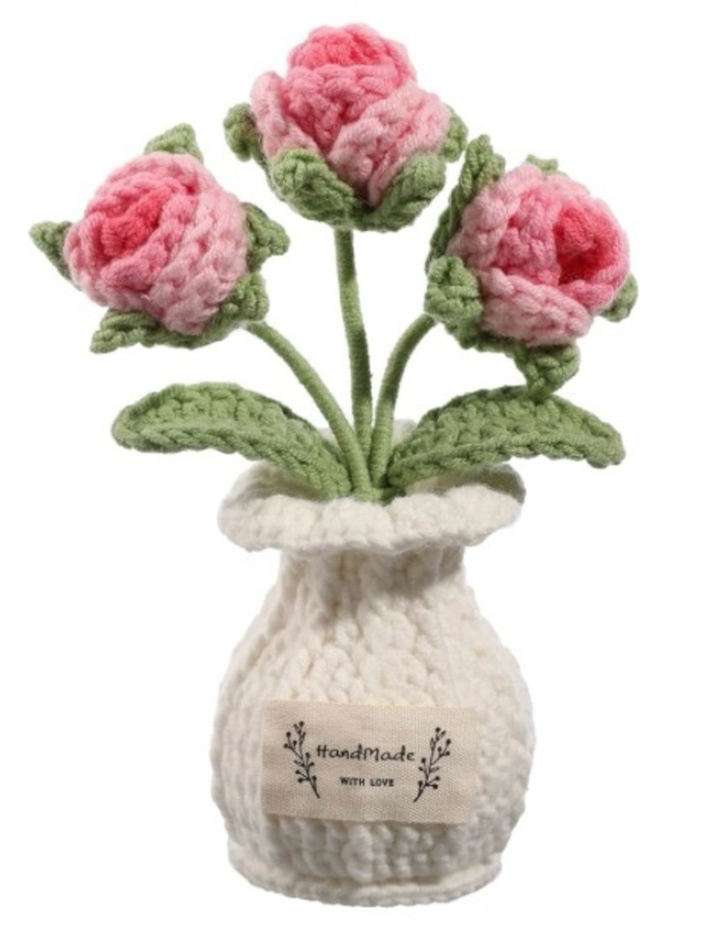 Handmade Crochet Pink Rose Bouquet in White Vase